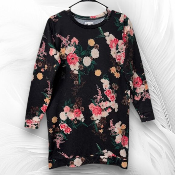 Black Floral Long Sleeve Tunic Dress – Soft Stretchy Casual Top - Picture 1 of 7